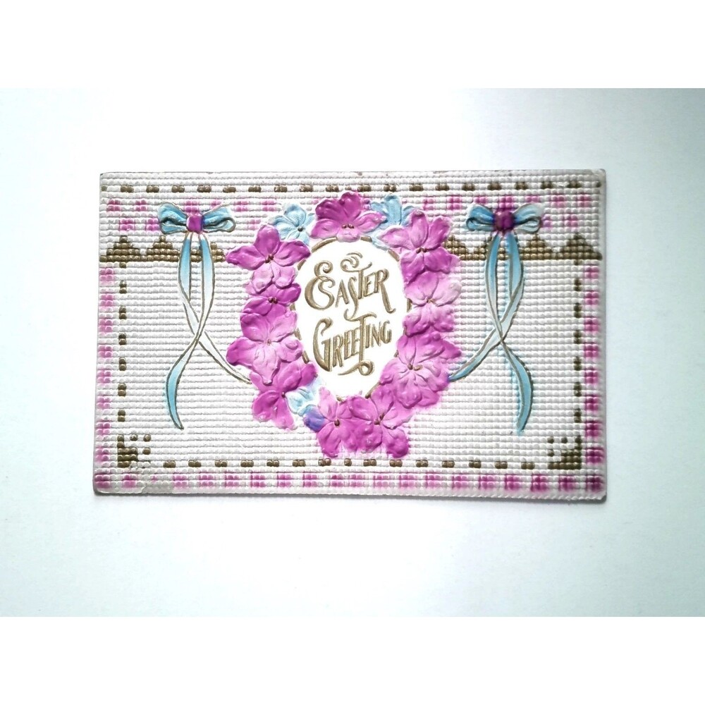 1913 Easter Greeting Embossed Postcard Wreath Flowers Ribbons St. Louis Postmark